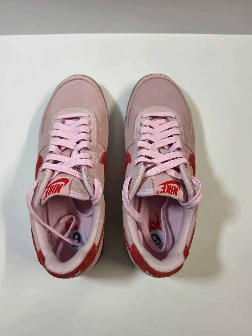 Nike Women's Pink Suede Sneakers Gum Sole Red Swoosh Size 9 New